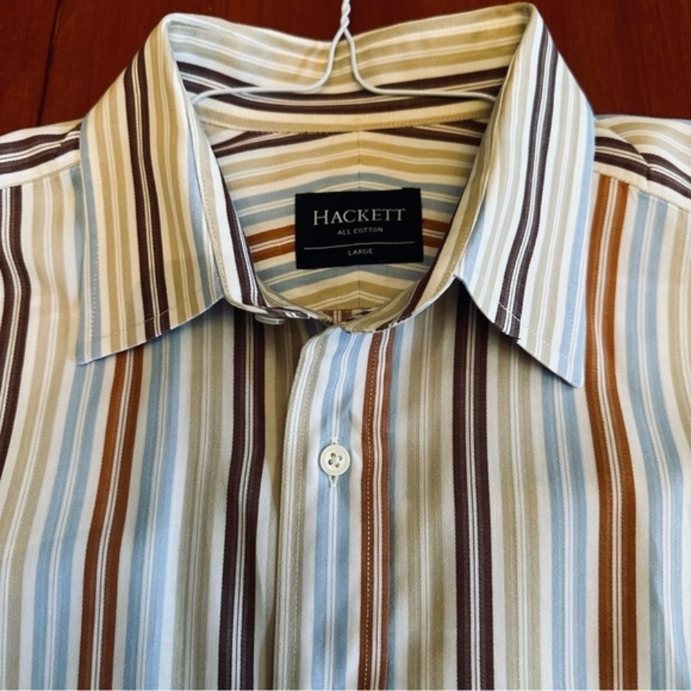 Large HACKETT OF LONDON Premium Striped Blue/Tan/White Long Sleeve Dress Shirt